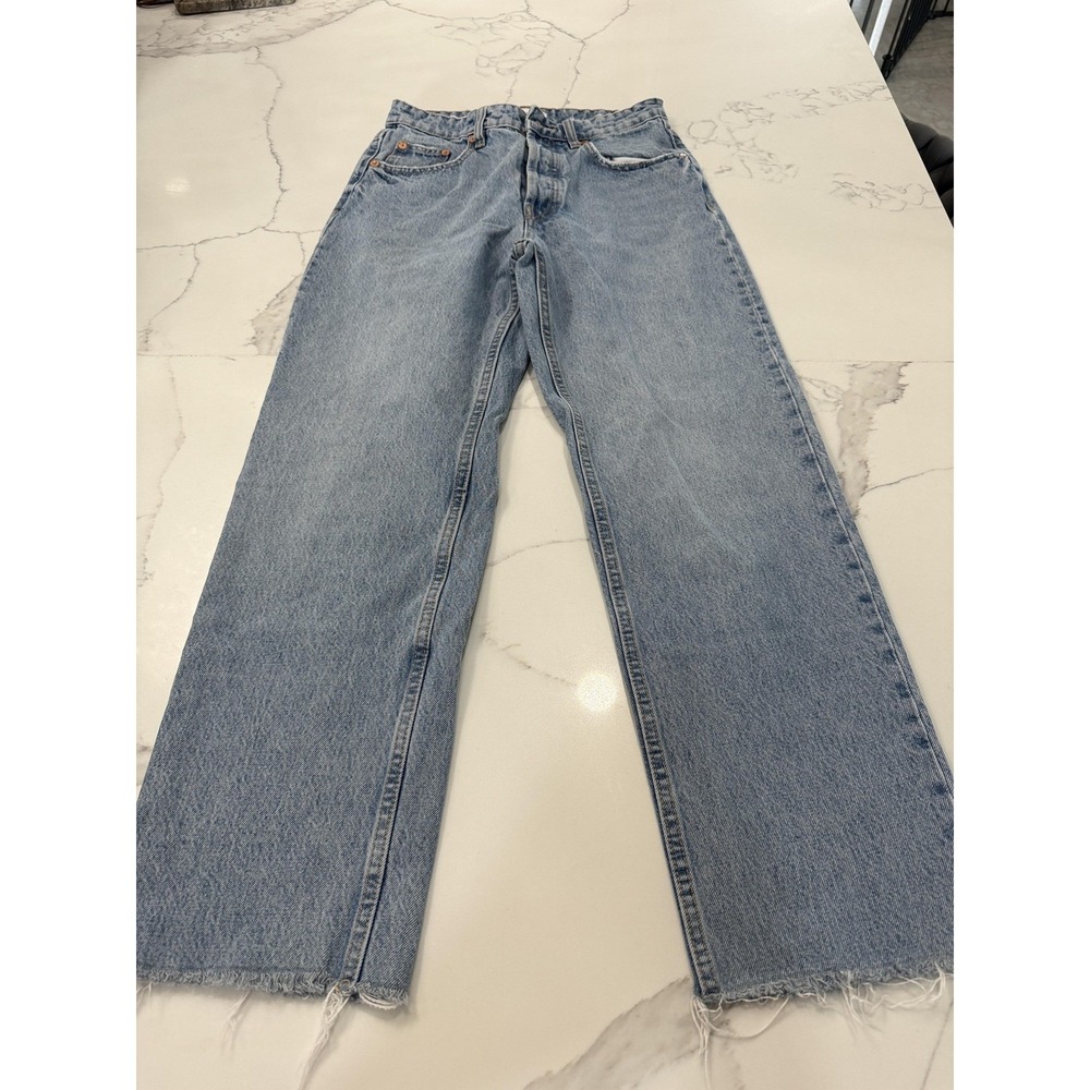 Zara Jeans Womens 4 Blue Light Wash High Rise Straight Leg Raw Hem Denim